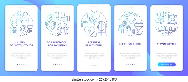 Supporting LGBT youth blue gradient onboarding mobile app screen. Walkthrough 5 steps graphic instructions with linear concepts. UI, UX, GUI template. Myriad Pro-Bold, Regular fonts used