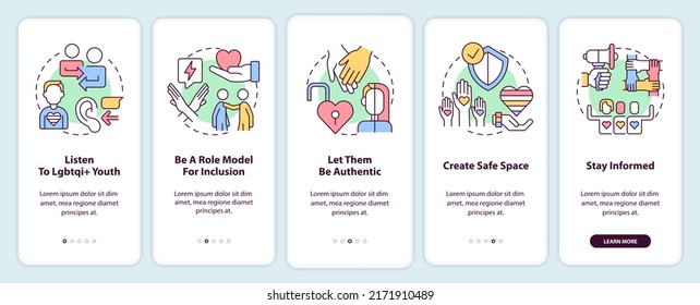 Unterstützung von LGBT-Jugendlichen auf dem mobilen App-Bildschirm. 5-stufige, editierbare grafische Anleitungen mit linearen Konzepten. UI, UX, GUI-Vorlage. Myriad Pro-kühne, Standardschriftarten verwendet