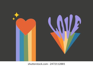 Unterstützung der Freiheit der Liebe. Liebe hat keine geschlechtliche Veranschaulichung. Liebe Retro Illustration. Retro Vektorgrafik Aufkleber. Vektorgrafik von LGBTQ-Community-Symbolen. Regenbogen, Wolken, Herz, Feuer und Schriftzug