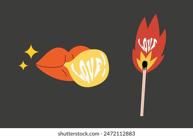 Supporting love freedom. Love has no gender illustration. Love retro illustration. Retro vector stickers. Vector set of LGBTQ community symbols. Rainbow, clouds, heart, fire and lettering
