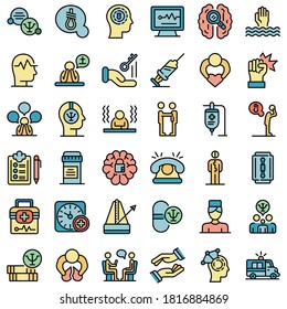 Supporting mental health icons set. Outline set of supporting mental health vector icons thin line color flat on white