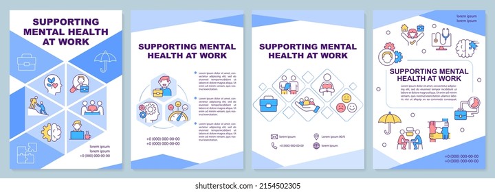 Supporting mental health at work blue brochure template. Keep balance. Leaflet design with linear icons. 4 vector layouts for presentation, annual reports. Arial-Black, Myriad Pro-Regular fonts used