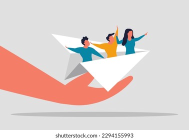 Supporting or mentoring employees in company. A helping hand in difficult times. Project manager or troubleshooting help. Job coaching and concept hand supporting paper airplane. Vector illustration