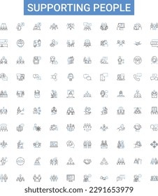 Unterstützung von Menschen umreißen Symbolsammlung. Hilfe, Hilfe, Backing, Boost, Bolster, Erleichterung, Leitender Vektorgrafik-Set. Hilfs-, nährend-, ermutigende Leitungszeichen