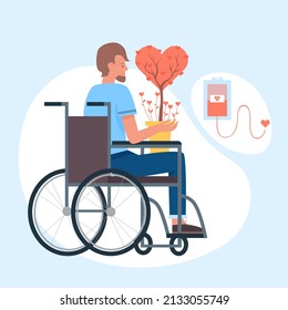 Supporting and raising charity to people with physical disability. Person using wheelchair holding warm and generous donation flat vector illustration