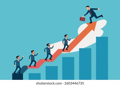 Supporting success: Business growth, career development, and leadership guidance. A manager helps employees climb a growth graph, representing mentorship and professional achievement.