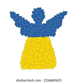 Supporting Ukraine. Angel with hearts in Ukrainian flag colors. Blue and yellow conceptual idea - with Ukraine in the mind. Pray For Ukraine peace. Care, love and charity symbol. Vector