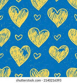 Apoyando a Ucrania. Patrón sin brillo de los corazones en los colores de la bandera ucraniana. Idea conceptual azul y amarilla - con Ucrania en su corazón. Recen por la paz en Ucrania. El cuidado, el amor y el símbolo de la caridad. Vector 