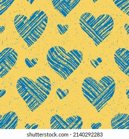 Supporting Ukraine. Seamless pattern from hearts in ukrainian flag colors. Blue and yellow conceptual idea - with Ukraine in his heart. Pray For Ukraine peace. Care, love and charity symbol. Vector 