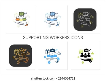 Supporting workers icons set. Supporting unpaid care workers. Caring about employees. Universal basic income concept.Collection of icons in linear, filled, color styles.Isolated vector illustrations