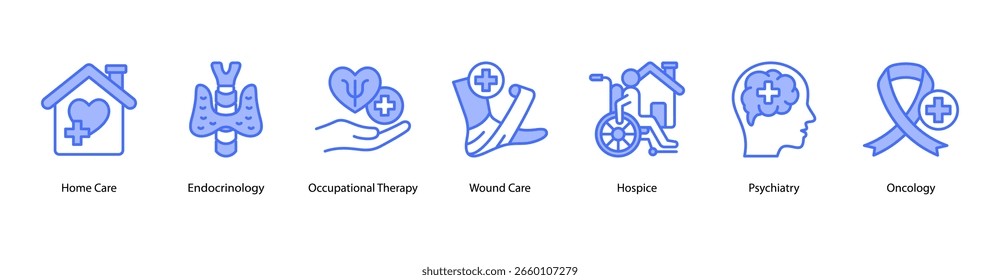 Supportive Care web banner icon vector illustration featuring Home Care, Endocrinology, Occupational Therapy, Wound Care, Hospice, Psychiatry, and Oncology.