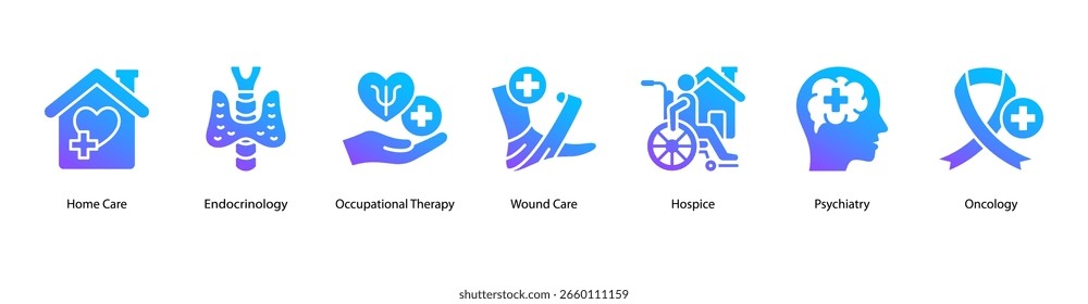 Ilustração vetorial do ícone do banner da web da Supportive Care com Home Care, Endocrinology, Occupational Therapy, Wound Care, Hospice, Psychiatry e Oncology.