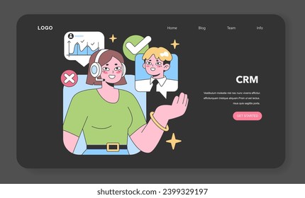 Supportive customer representative interacts with data analytics and CRM software, ensuring customer queries are promptly addressed. Flat vector illustration