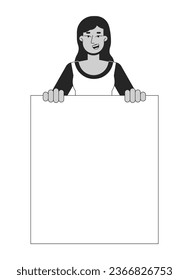 Supportive demonstration flat line black white vector character. Feminism. Civil disobedience. Editable outline half body person. Simple cartoon isolated spot illustration for web graphic design