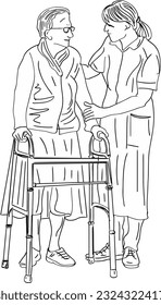 Supportive Doctor: Illustration of Elderly Patient Practicing Walking with Walker, Compassionate Healthcare: Doctor Assisting Grandma with Walker, Isolated Vector