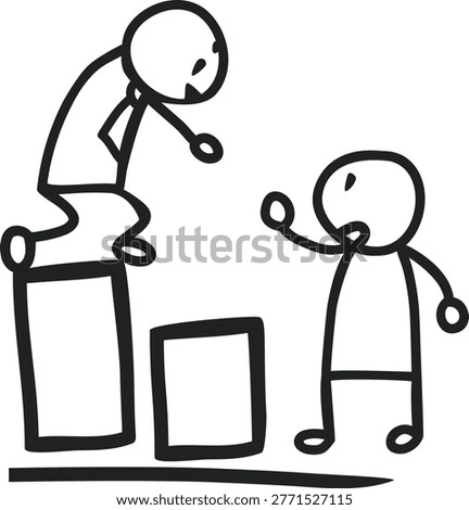A supportive doodle of one businessman pulling another person up onto a bar graph, both reaching out hands. Representing teamwork, mentorship, and helping a colleague succeed.