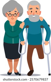 Supportive elderly woman helping her husband with a prosthetic leg walk using crutches, demonstrating love, care, and resilience in overcoming physical challenges together