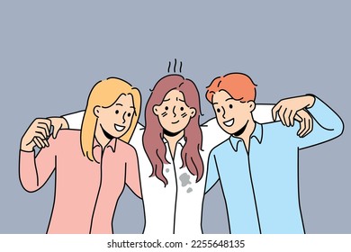 Supportive employees carry unhappy distressed female colleague suffering from failure or misfortune. Caring workers assist support woman coworker. Teamwork. Vector illustration. 