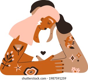 Supportive feminist illustration. A young women hugs girlfriend. Tattoo, piercing, body positive. Sisterhood, love, friendship. For prints and social networks. Pink, brown, red natural colors. 