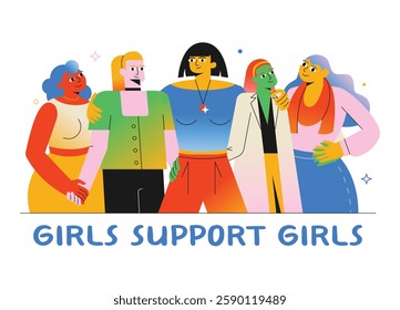 A supportive group of women hugging each other with the phrase "Girls Support Girls."A colorful vector illustration on a white background, great for social media, activism, and other designs