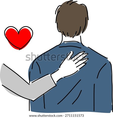 A supportive hand gently placed on a tired businessman’s back, showing encouragement, care, and emotional support in the workplace.
