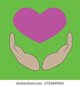 Manos de apoyo acunando suavemente un corazón púrpura vibrante, que simboliza el amor y el cuidado