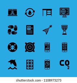 supportive hands, water, dolphin, electric guitar, resume, tablets, speaker, drum and smartphone vector icon. Simple icons set