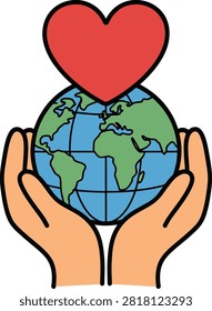 Supportive human hands cradling planet earth with floating red heart representing care and global affection