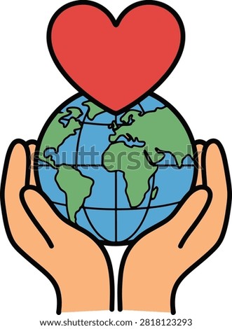 Supportive human hands cradling planet earth with floating red heart representing care and global affection
