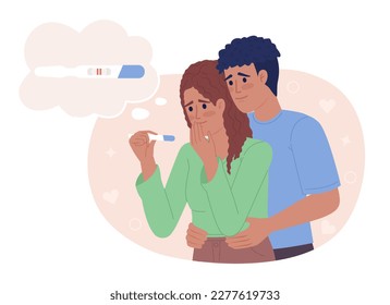 Supportive husband during pregnancy test reveal 2D vector isolated spot illustration. Pregnant couple flat characters on cartoon background. Colorful editable scene for mobile, website, magazine