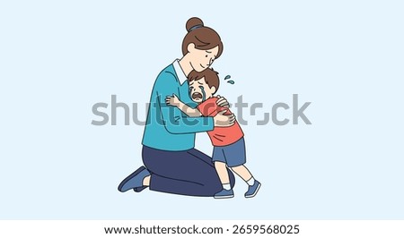 A supportive mother comforts her distressed child providing a safe haven and emotional support