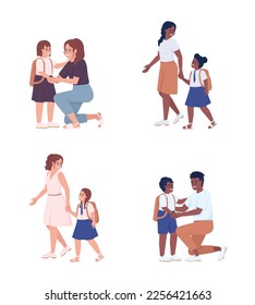 Supportive parenting and first graders semi flat color vector characters set. Editable figures. Full body people on white. Simple cartoon style illustration pack for web graphic design and animation