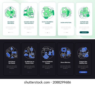 Supportive partner onboarding mobile app page screen. Show affection walkthrough 5 steps graphic instructions with concepts. UI, UX, GUI vector template with linear night and day mode illustrations