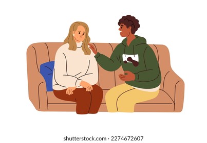 Supportive person supporting, comforting and encouraging upset sad character in trouble, stress, problem. Empathy, care, sympathy concept. Flat vector illustration isolated on white background