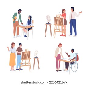 Supportive teacher and students semi flat color vector characters set. Editable figures. Full body people on white. Simple cartoon style illustration pack for web graphic design and animation