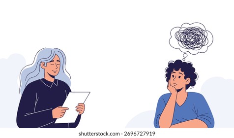 A supportive therapist listens while a troubled patient expresses their inner turmoil and confusion about their mental health.