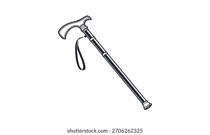 Uma bengala de apoio com uma alça ergonômica, pulseira, eixo metálico fino e ponta de borracha. O design é apresentado em um estilo de ilustração de arte linear mínimo e detalhado.