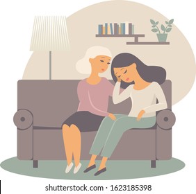 Supportive woman helping her worried female friend mother and daughter