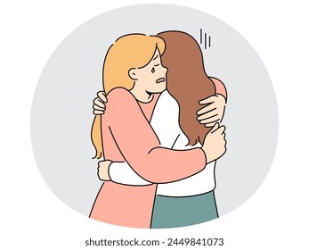 Supportive woman hug crying unhappy friends suffer from breakup or divorce. Caring female embrace support distressed upset girlfriend feeling down. Vector illustration.