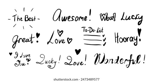 Supportive words handwritten doodle illustration set. Motivation phrases linear objects on white background. Positive attitude concept