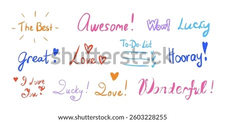 Supportive words handwritten doodle illustration set. Motivation phrases linear objects on white background. Positive attitude concept