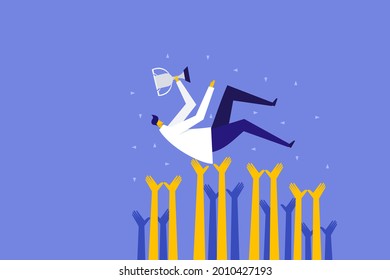 Supports tossing a man with trophy in the air