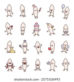 Suppository cute kawaii character set featuring diverse emotions and unique poses in cheerful cartoon style for creative medical illustration and positive design ideas