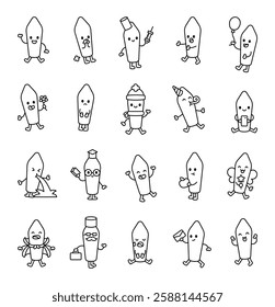 Suppository cute kawaii character set featuring diverse emotions and unique poses in cheerful cartoon style for creative medical illustration