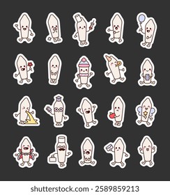 Suppository cute kawaii character set featuring diverse emotions and unique poses in cheerful cartoon style for creative medical illustration