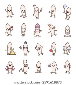 Suppository cute kawaii character set featuring diverse emotions and unique poses in cheerful cartoon style for creative medical illustration
