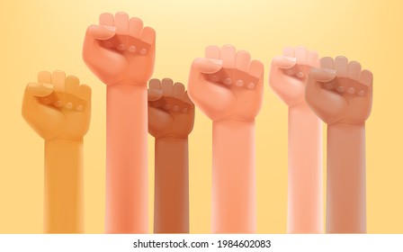 Supprt concept. Different race men fists up in the air 