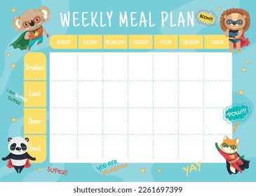 Supreheroes weekly meal planner. Design element for drawing up childrens diet. Healthy eating and proper nutrition. Grocery list with funny fox, lion, koala and panda. Cartoon flat vector illustration