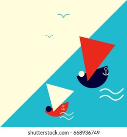 Suprematism or constructivist styled minimalistic illustration: sea view with two sailing boats, sailboats or sail-ships. Great as regatta, boat races, crew or any other sailing event poster or banner