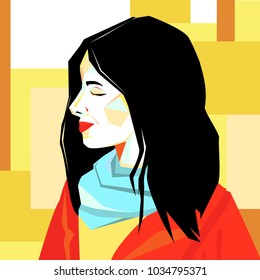 
Suprematist portrait of a young beautiful woman. Stylized portrait of a girl pop art vector illustration. Abstract female profile.